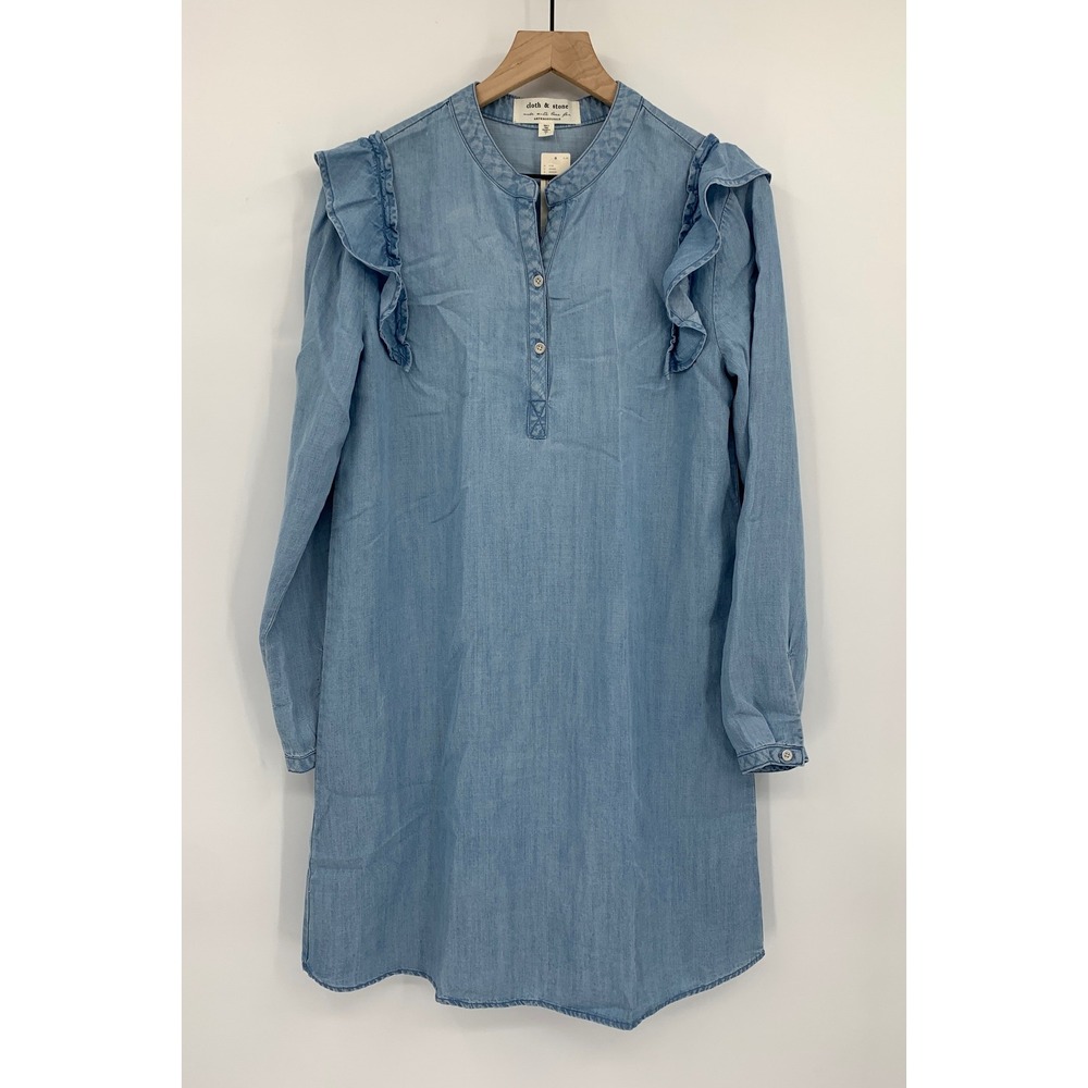 Anthropologie Denim Dress Womens Small Blue Chambray Ruffle Cloth & Stone NEW